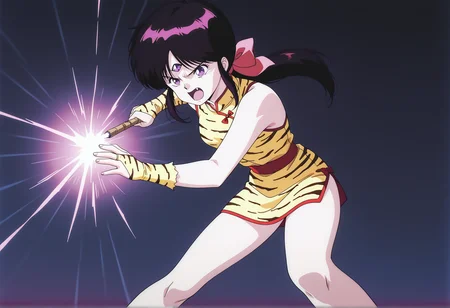 anime screenshot, anime screencap, anime coloring, retro artstyle, 1980s \(style\), 1girl. black hair, parted bangs, long hair, sidelocks, low ponytail, hair bow, third eye, purple eyes, bare shoulders, chinese clothes, bare legs, bare arms, angry, casting spell, open mouth, fang, bare shoulders, pencil skirt, bridal gauntlets, tiger print, <lora:Pai_3x3_eyes:1>, masterpiece, best quality, amazing quality, very aesthetic, absurdres, highres, newest