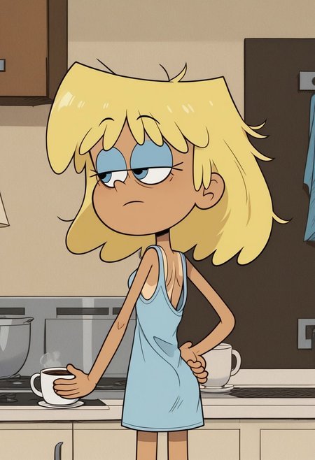 score_9, score_8_up, score_7_up, Expressive,solo, 1girl, 18 years old, gorgeous, cute, beautiful, perfect face, petite, beautiful face, small perfect round breasts, ((tan skin)), tiny round ass, lifting dress, rear view, one hand on her pale ass, tan lines, lori loud, blonde hair, medium hair, blue eyeshadow,  indoors, kitchen background, wear only bathrobe nightgown, loose clothes, one hand holding cup of coffee, one hand on hip, perfect hands, bags under eyes, sleepy eyes, messy hair, loose clothes, eyes half close, show accurate, perfect hands, perfect anatomy,
