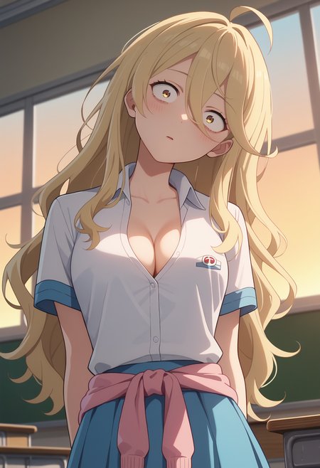 score_9, score_8_up, score_7_up, anime screencap, source_anime, 1girl, solo,
<lora:Yumeko_Shikiya_Makeine_V1:.85>,  KJOyumeko, blonde hair, yellow eyes, constricted pupils, hair between eyes, long hair, ahoge, 
school uniform, white collared shirt, cleavage, pink clothes around waist, blue skirt, 
head tilt, blush, arms behind back, expressionless, parted lips, dutch angle, from below, 
classroom, sunset, 
(Beautiful, medium Breasts:1.2),