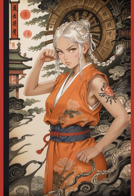 Style(best quality, ultra-detailed, vibrant colors, illustration, concept art, mythp0rt, hyper-realistic colorful sketch, sn3yd_style, traditional japanese art);
Subject(1girl, french braid, braided silver hair, (armless blouse), threatening viewer with one fist, modern clothing, picture from waist up);
Background(ancient library full of antiques);