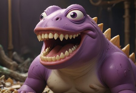 HD, Raytracing, cinematic, sense of scale, 1massive pepe_frog+chonkasaurus, human teeth, skeletal, atmospheric, empty space, colours, blurry background, realistic, purple eyes, <lora:chonkasaurus-000003:1>