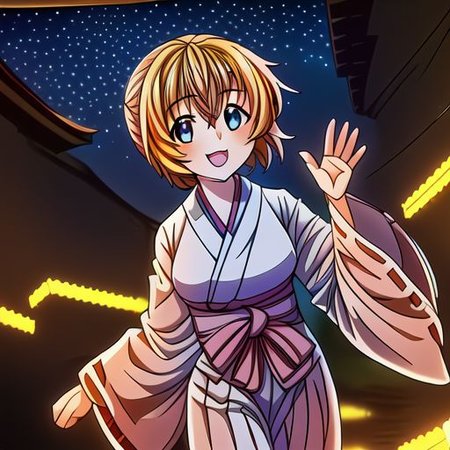 1girl, female, (solo), (detailed, extremely detailed background, best quality background, beautiful background, masterpiece background:1.3), (cute), Japanese architecture, yukata, waving, midnight, night, starry, smile, high quality, best quality, masterpiece, beautiful scenery, cute pastel colors, best quality character, beautiful eyes