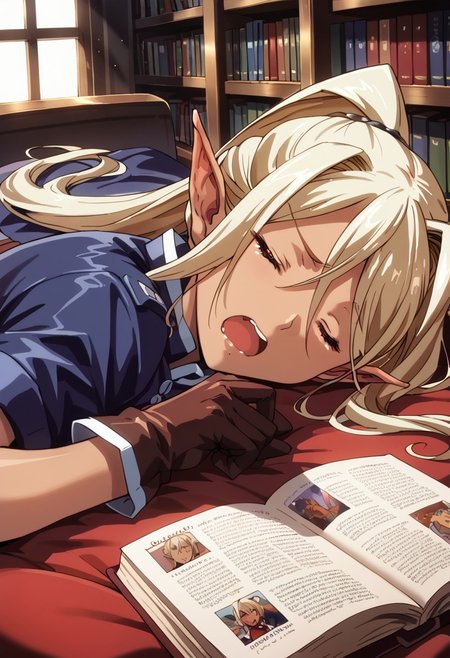 <lora:chloe:1> chloe, dark_skin, blonde_hair, pointy_ears, elf, long_hair, dark_elf, ponytail, gloves, red_eyes, thighhighs, boots, score_9, score_8_up, score_7_up, source_anime, rating:safe, (close_up:1.3), sleepy, yawning, tired, closed_eyes, open_mouth, laying_down, curled_up, blanket, bookstore, bookshelves, books, cozy, armchair, reading_nook, window, sunlight