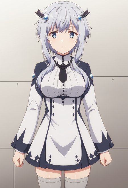 EBMisha, 1girl, solo, long hair, looking at viewer, blue eyes, hair ornament, thighhighs, long sleeves, dress, medium breasts, closed mouth, standing, grey hair, necktie, white dress, black necktie, short hair with long locks, arms at sides, grey thighhighs, cowboy shot, 
 <lora:xl_more_art-full_v1:0.8>, <lora:MishaNecron:0.9>