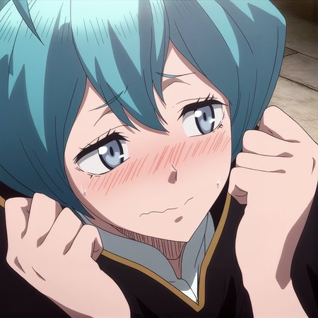 sharp focus, pixiv masterpiece, source_anime, score_9, absurd res, high res, (anime_screencap:1.2)
 <lora:Grey_blackclover_IL_v36-000015:1>, masterpiece, best quality, score_9, grey_bc, 1girl, solo, grey-blue_eyes, cyan_hair, short_hair, antenna_hair, black_capelet, high-waisted_pants,  sleeveless_shirt,  portrait, hands_in_front_of_face, blushing, clenched_fists