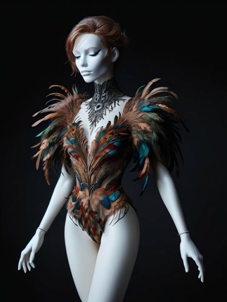 ral-feathercoat, a mannequin with a feather bodysuit <lora:ral-feathercoat-sdxl:1> black background, dim warm backlight, ring light