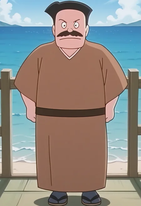 1boy, standing, cowboy shot, blue sky, anime screenshot, horizon, ocean, outdoors, smile,
BREAK
nobirunobi, old man, mustache, black hair,
BREAK
japanese clothes, brown belt, sandals, brown clothes,
BREAK
best quality, masterpiece, very aesthetic, absurdres, highest detailed, very awa, newest, <lora:Nobiru_Nobi_from_Doraemon_v0.1:1>