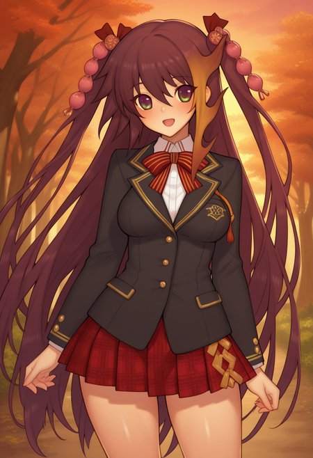 ((safe)), 1girl,  (yukimura_muramasa, two side up,  white shirt, blazer, plaid skirt, red skirt, pleated skirt),  blush, smile, open mouth, outdoors, shiny skin, best quality, amazing quality, very aesthetic, absurdres,  <lora:yukimura_muramasa_ill:1>