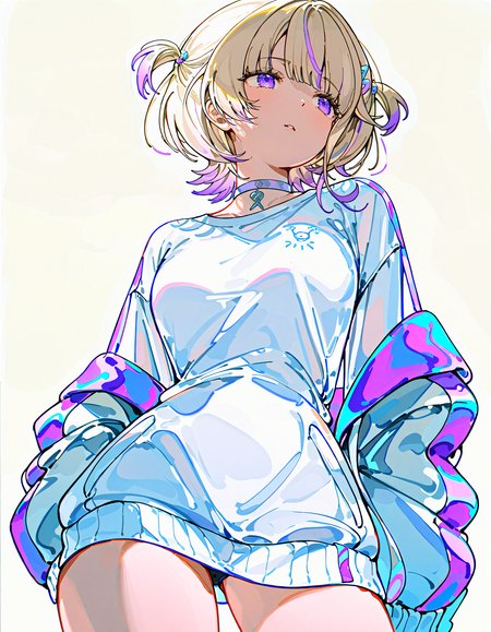todoroki_hajime, hololive, todoroki hajime, hololive, 1girl, blonde hair, purple eyes, purple hair, short hair, streaked hair, two side up, virtual youtuber, white jacket, white shirt, , cowboy shot, simple background, white background, 
 <lora:z3zz4_075:0.85>, z3zz4, 
(masterpiece, best quality, very aesthetic, highres, absurdres,:1.4),
<lora:spo_sdxl_10ep_4k-data_lora_webui:0.85>, <lora:ponyv5_noobE11_1_adamW:0.35>, <lora:illustrious_noobai_epsilon_pred_1_best_quality_v1:0.75> , <lora:add-detail-xl:0.35><lora:HandFixer_pdxl_Incrs_v1:1><lora:HandFixer_pdxl_Incrs_v1:1><lora:HandFixer_pdxl_Incrs_v1:1><lora:HandFixer_pdxl_Incrs_v1:1>