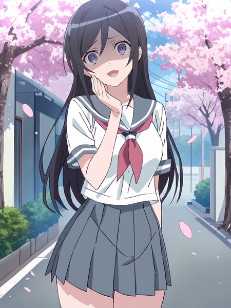 masterpiece, high score, great score, absurdres, anime screenshot, anime coloring,  <lora:Char-Aragaki_Ayase-V1-SDXL:1:hr=0.7>, 1girl, aragaki ayase, solo, serafuku, blue pleated skirt, red neckerchief, looking at viewer, yandere, open mouth, shaded face, ojou-sama pose, standing, cowboy shot, outdoors, street, cherry blossoms, petals, depth of field
