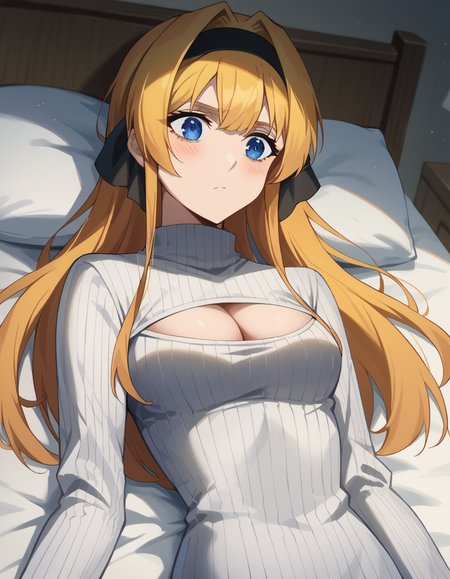 score_9, score_8_up, score_7_up, source_anime, <lora:lihanna-owenzaus-s1-ponyxl-lora-nochekaiser:1>, lihanna owenzaus, long hair, bangs, blue eyes, blonde hair, hairband, black ribbon, hair intakes, black hairband, medium breasts,, <lora:open-chest-sweater-ponyxl-lora-nochekaiser:1>, open-chest sweater, ribbed sweater, cleavage cutout, meme attire, clothing cutout, turtleneck, sweater dress, cleavage, clothes tug, sweater pull, cleavage reach,, indoors, bed, bed room, blush, on bed, on back, , cowboy shot, dutch angle