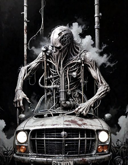 score_9, score_8_up, score_7_up, mm-style,monochrome,black background,  car , pipes and wires, scratched steel, horror, dark fantasy,fog<lora:Monochrome_Monsters_Pony:1>