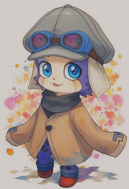 (Offmon:1.2),( cute face:0.7), blue eyes, male, boy,  (in the style of holographic patterns.:1.1), (half-body shot:1.1),(luminous, pixelated shards resembling shattered screens  colorful digital art.:1.1) glitchy distortion aesthetic colorfull palette. background is a deep, electric cables glitchy, electric light that dance in chaotic harmony,  glitch art, surrealism, high contrast, vibrant colors, psychedelic patterns, ethereal glow. The overall mood should be one of distorted lens of a malfunctioning AI , offmon, digimon, shirt, longsleeve, hat, googles, solo, hat, watercolor \(medium\), traditional media,