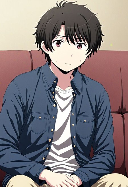 high resolution, solo, best quality, 1Boy, Inaho Kaizuka, Black Hair, deep talk, helpless, sit, couch, OverallDetail