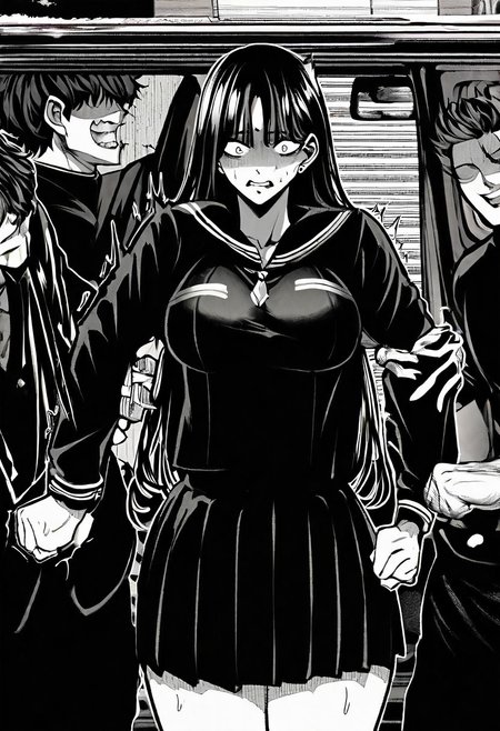 <lora:add-detail-xl:0.5>,masterpiecebest quality,anime coloring,anime screenshot,
<lora:bouryokubannzai:1>bouryokubannzaiV1,
monochrome,greyscale,
skirt,breasts,school uniform,
long hair,short hair
1girl,2boys,b_rikudou, front view,
girl being kidnapped, two men abducting a girl, 
forced into a van, surprised expression, struggling, 
scared girl, one man holding her arms, the other pulling her, short skirt, 
dramatic scene, urban kidnapping, street van,
faceless male, muscular male,