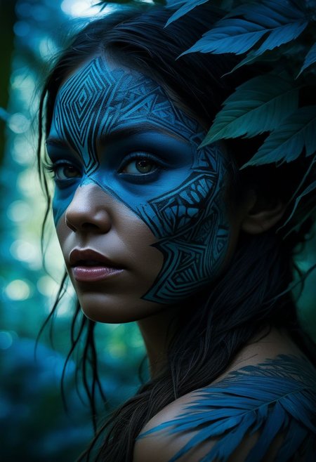 mysterious silhouette of a tribal woman, jungle, (blue warpaint over eyes only), goddess, alluring, by Minjae Lee, Carne Griffiths, Emily Kell, Steve McCurry, Geoffroy Thoorens, Aaron Horkey, Jordan Grimmer, Greg Rutkowski, amazing depth, double exposure, surreal, geometric patterns, intricately detailed, bokeh,  perfect balanced, deep fine borders, artistic photorealism , smooth,  great masterwork by head of prompt engineering   <lora:add-detail-xl:2>  <lora:Double_Exposure:0.5>