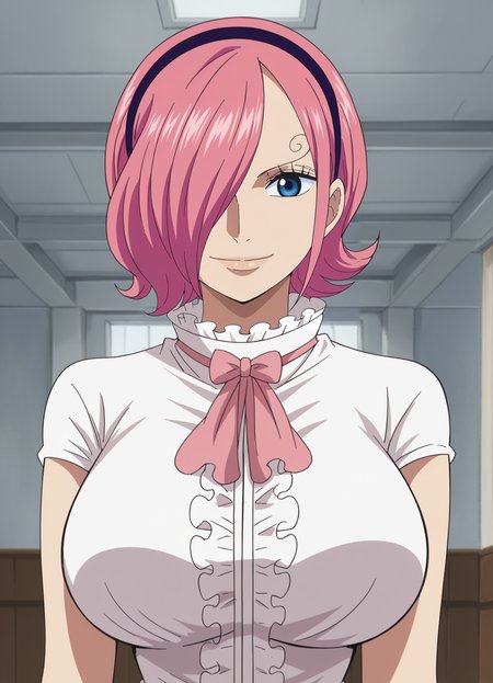 <lora:Reiju-ONE_PIECE:0.8>,reiju,1girl,solo,pink hair,over one eye,short hair,blue eyes,hairband,large breasts,dress,upper body, looking at viewer, smile,indoors