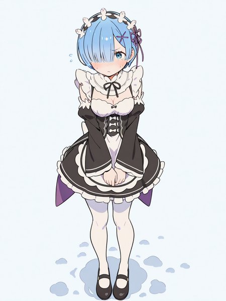 perfect quality,high quality,masterpiece,best quality,amazing quality,very aesthetic,absurdres,newest,
front view,full_shot,Tsundere,
REMCYQL,1girl,solo,short hair,blue hair,bangs,hair over one eye,ribbon,hair ribbon,purple ribbon,hair ornament,x hair ornament,maid headdress,blue eyes,neck ribbon,roswaal mansion maid uniform,maid,cleavage,underbust,black ribbon,long sleeves,detached sleeves,apron,white apron,waist apron,skirt,black skirt,frilled skirt,pantyhose,white pantyhose,frills,mary janes,black footwear,
full body,standing,v_arms,,
snow background,simple background,
<lora:ponyv4_noob1_2_adamW:0.7>,<lora:semham4:0.8>,,<lora:REM_Illustrious by Cyql:1>,