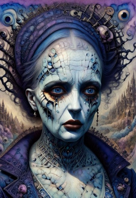 "(silhouette of  mrs adams:2), perfectly bald, no hair at all, pale snow white skin, blue tattoos over skull, dark blue purple eye shadow extending to her temples. Scowling at the camera, poised to attack. highly detailed linework reminiscent of  arne bendix sjur, bold texture, light and airy as Carl Larsson's compositions, Mrs adams from the adams family,  pastel, elegance, dramatic lighting, expressive camera angle, mid shot, matte, concept art, linquivera"
Weight:1 
"intricate details, HDR, beautifully shot, hyperrealistic, sharp focus, 64 megapixels, 16k resolution, shot on DSLR, sharp focus, perfect composition, high contrast, cinematic, atmospheric, moody, photorealistic, hyper detailed,