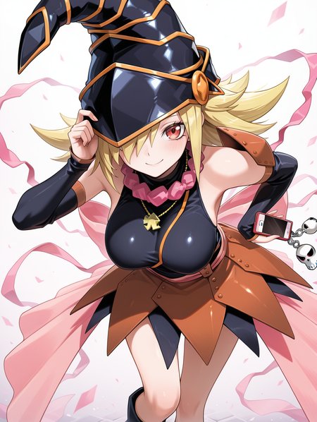 gagaga girl, 1girl, solo, smile, hair over one eye, looking at viewer, large breasts, medium breasts, smartphone, black skirt, black wizard hat, black leotard, black detached sleeves, pink ribbon, pink necklace, holding smartphone, leaning forward, black knee boots, gold necklace, skull cellphone charm
masterpiece,best quality,amazing quality,very aesthetic,absurdres,newest,<lora:Gagaga girl illuXL v1.2:0.74>,