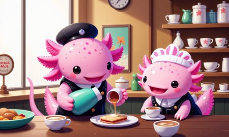 pikaole, axolotl, side view of a pink axolotl in a breakfast diner, wearing a tiny uniform and pouring steaming coffee into a miniature cup for another axolotl sitting at the counter; its frilly gills are perked up as it smiles warmly, while behind them, shelves of coffee cups, syrup bottles, and tiny plates are displayed; morning sunlight illuminates the cozy diner interior, with a tilt-shift effect softly blurring the background, enhancing the sceneâs intimate, nostalgic feel and adding lifelike depth and realism, happy axolotls<lora:Axomodel_Flux_V1.1.safetensors:0.85:0.85> <lora:Pikaole v2 (FLUX)_v2_E6.safetensors:0.75:0.75>