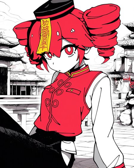 best quality, highres, masterpiece, very awa, newest, 2024,outdoors, limited palette, spot color, hatching \(texture\), 
1girl, solo,
chinateto, kasane teto, black hat, ofuda, red vest, white shirt,  hip vent,  black pants, 
<lora:odochina:.5>
<lora:KarasuChan1204:1>