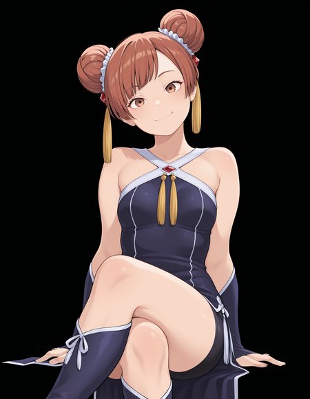 <lora:Laufen_1:1>1girl, solo, 
lauf3n, hair bun, double bun, brown eyes, brown hair, swept bangs, 
 lauf3ndef, criss-cross halter red gemstone, tassel hair ornament, bare shoulders, shorts under dress, black bike shorts, china dress, bridal gauntlets, blue footwear,
straight-on, closed smile, sitting, crossed legs, arms behind, head tilt, 
(solid black background:1.4), simple background, 
small breasts,, masterpiece, best quality, amazing quality, masterpiece, best quality, amazing quality