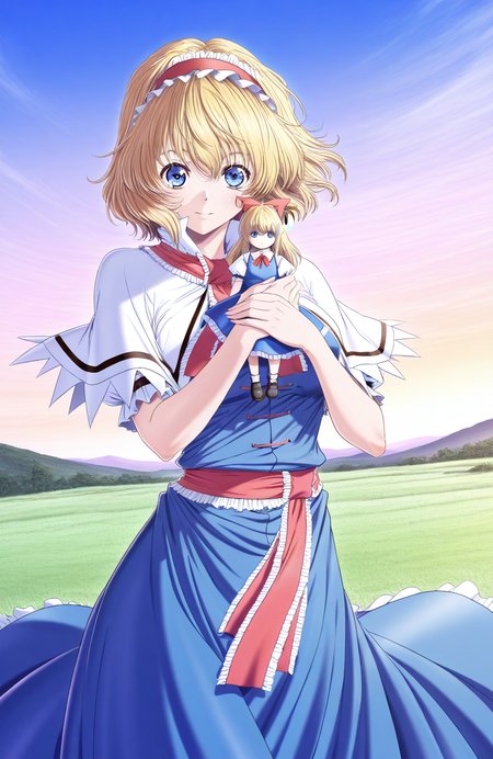 masterpiece, best quality, good quality, <lora:Yokota_Mamoru_style_IS:1> Yokota_Mamoru_style,
Alice Margatroid, touhou, doll, 
cowboy_Shot,
grass, sky,