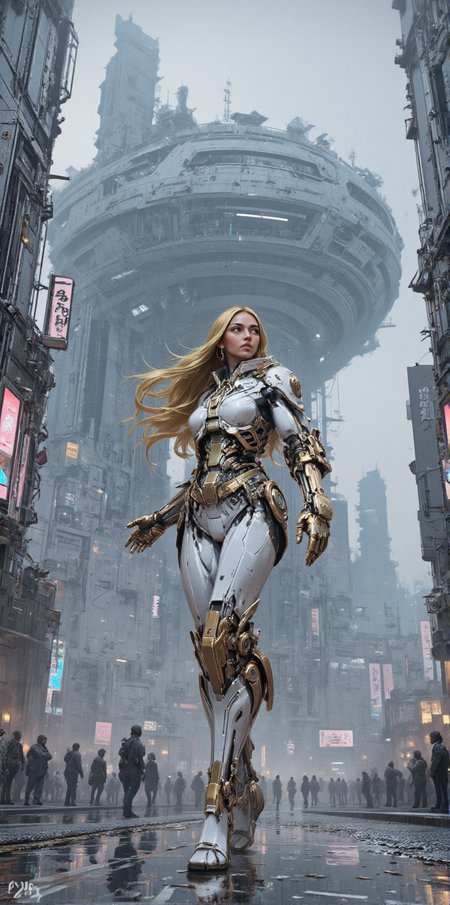 in the style of ck-sfc, detailed photorealistic image, fractal glass shaped cosmic fortress Station dread megastructure of a Colossal scale in background, white ceramic and gleaming silver metallic, Hyper realistic painting, futuristic sci-fi environment, volumetric light, dealicate and breathtaking, picture of dancing cyborg girl goddess of light and purity on the street of cyturistic city, tight white-golden luxury robotic body suit, shining long golden hair, ground water reflections, neons shining on the night rain droplets, holy aura <lora:BLUE_mk4_angel_FLUX_03:1.2>   <lora:ck-Sci-Fi-Concepts:1>  <lora:CPA:1>
