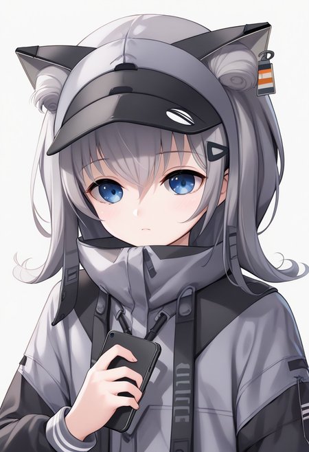 score_9, score_8_up, score_7_up, upper body n102nikke, blue eyes, grey hair, long hair, fake animal ears,, grey jacket, long sleeves, black shorts, bike shorts, hood, hood up, ears through headwear, visor cap，((((holding M4 carbine))))