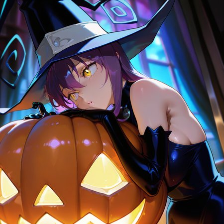 masterpiece, best quality, amazing quality, very aesthetic, absurdres,  newest, volumetric lighting,
souleaterstyle,blair,
1girl,solo,long hair,gloves,hat,bare shoulders,yellow eyes,purple hair,elbow gloves,witch hat,halloween,jack-o'-lantern,pumpkin,
,masterpiece, best quality, amazing quality, very aesthetic, absurdres,  newest, volumetric lighting,
, <lora:soul_eater_illustrious:0.8>,