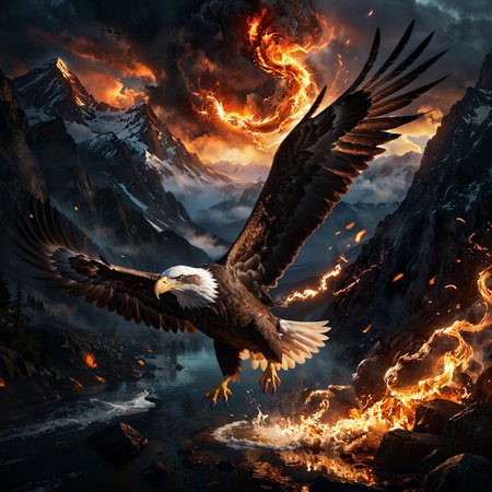 from above looking down  at artwork depicts an eagle flying and being chased by extreme elements of fire and wind and water and earth, positioned at a dynamic 1.5 angle, the background features a cinematic space with clean lines and neutral colors and a mountain, providing a stark contrast to the vibrant hues that gradually emerge, the color scheme transitions from monochrome to a spectrum of vivid tones, soft, ambient lighting is employed to create a tranquil atmosphere and accentuate the colors, the piece is characterized by stunning quality, hyper-realistic detail, and a cinematic composition with dark shadows and bright lights, aiming to evoke a sense of majesty, inspiration, and intimidation.