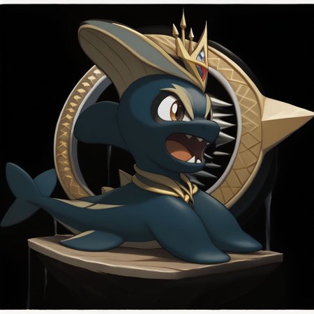 <lora:pokemon_pony_xl:1.0>, character, fake pokemon, ken sugimori art style, resembles a larger creature resembling an anthropomorphic whale dressed as an intimidating pirate captain, with gold crown-like details and an open mouth displaying sharp teeth., score_9, score_8_up, (Masterpiece:1.3) (best quality:1.2) (high quality:1.1)
