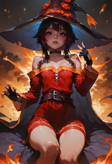 score_9, score_8_up, score_7_up,   Slim girl, tiny breasts, narrow waist, wide hips, skinny, tiny, miniscule, petite, small arms, small legs, small body,  megumin, bare shoulders, black gloves, black hair, blush, choker, collarbone, dress, fingerless gloves, gloves, hair between eyes, hat, long sleeves, medium hair, off-shoulder dress, off shoulder, red dress, red eyes, sidelocks, witch hat, in chernobyl, nuke, explosion, 1girl, delicate and smooth skin, blush, perfect body, thighs, highly detailed, glossy lips,   <lora:Concept Art DarkSide Style LoRA_Pony XL v6:0.8> concept art,     <lora:GwentStyle_v2:0.6> gwentstyle   <lora:Expressive_H-000001:0.8> expressiveh