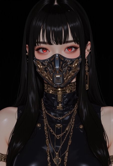 (HD, 8k, masterpiece artwork, pingtu style, illustration-fen, niji, gothic, erotic, anime) This is a highly detailed digital CGI artwork featuring a pale-skinned woman with long, straight obsidian-black hair and sharp bangs framing her delicate yet intense features. She wears an elaborate, futuristic black and gold mask adorned with intricate filigree patterns and cybernetic engravings, seamlessly blending gothic and sci-fi aesthetics. The mask’s glowing crimson eyes pulse with an eerie intensity, while a segmented metallic plate conceals her mouth, adding an enigmatic, machine-like presence. Her piercing gaze is accentuated with dark red eyeshadow, sharp winged eyeliner, and a subtle sheen on her flawless, porcelain-like skin.  
She is adorned with multiple gold chains draped across her neck and shoulders, exuding a regal, cyberpunk mystique. Gold-plated ear cuffs and delicate metallic embellishments trace her jawline, enhancing her futuristic allure. Her attire features a high-collared, form-fitting black bodysuit with gold circuit-like patterns running along the fabric, reflecting the dim light. The background is a deep, solid black, intensifying the contrast against her luminous skin and intricate accessories. The hyper-polished rendering captures every reflective surface, blending dark elegance with advanced cybernetics in a mesmerizing, otherworldly composition.