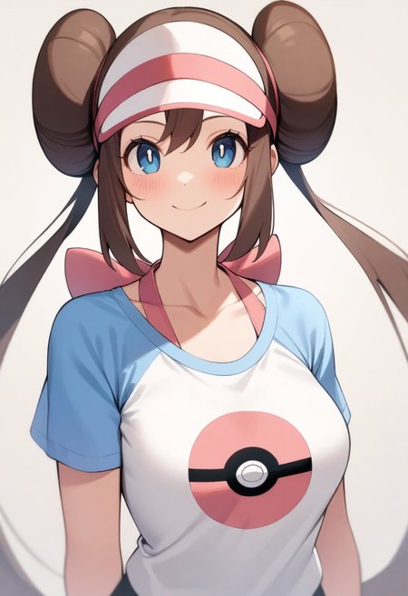 masterpiece,best quality,very aesthetic,absurdres,<lora:rosa_(pokemon):1>,rosa_\(pokemon\),highres,collarbone,pink_bow,smile,blush,print_shirt,1girl,blue_shirt,solo,upper_body,visor_cap,white_shirt,poke_ball_print,double_bun,closed_mouth,
