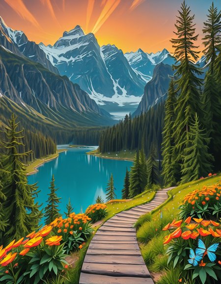 A breathtaking, high-resolution photograph of the most beautiful place on Earth, where natureâs wonders blend in perfect harmony. Towering, snow-capped mountains rise majestically in the background, their peaks glowing under the golden hues of a setting sun. Below, a crystal-clear turquoise lake reflects the colors of the sky, surrounded by lush, green forests filled with ancient trees, vibrant wildflowers, and cascading waterfalls. A soft mist rises from the valley, adding a dreamlike quality to the scene. In the distance, rolling meadows stretch toward the horizon, dotted with colorful flowers and serene wildlifeâgraceful deer grazing, birds soaring in the sky, and butterflies dancing in the breeze. A wooden footpath winds through the landscape, leading to a secluded, tranquil spot where the beauty of nature can be fully admired. The air is crisp and filled with the soothing sounds of rustling leaves, flowing water, and distant birdsong. The sky above is a masterpiece of colorsâdeep oranges, purples, and pinks blending seamlessly as the sun sets, casting a magical glow over this untouched paradise. The atmosphere is peaceful, awe-inspiring, and filled with a deep sense of wonder and tranquility, as if stepping into a perfect dream.
<lora:SDXLFaeTastic2400:0.4> <lora:extremely_detailed:0.4> extremely detailed,Earth P4r4d1s3, <lora:Earth_P4r4d1s3-i:1>, Masterpiece,best quality,hi res,8k,hi res,8k,award winning,(sharp focus, intricate, highly detailed),