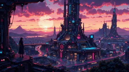 a futuristic planetary city beautiful  landscape, evening, woman, very intricate, very detailed, sharp, bright, colorful, <lora:Hand v2:0.5> <lora:Anti-Blur:1><lora:Insane Detail Slider:0.25>  <lora:flux.1_lora_flyway_Epic-detail_v2:0.3> <lora:fluxenhancer:0.25> <lora:Neurocore Anime Cyberpunk v2.0:1> A digital artwork in the style of cknc <lora:abyss-neon:0.6> bo-neon