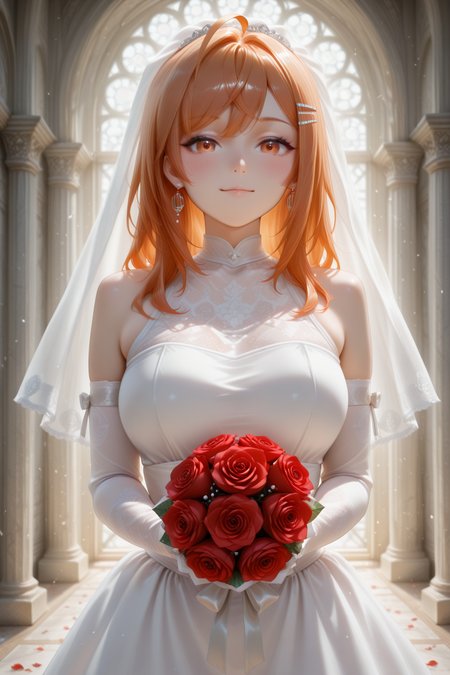 masterpiece, best quality, amazing quality, 1girl, solo, makeup, general, looking at viewer, blush, cowboy shot, light smile, outdoors, white veil, bridal veil, rose decorations, laced gloves, wedding dress, holding bouquet, (confetti), white dress, holding bouquet, (confetti:1.1), <lora:Hololive_Ririkarika:1>, Hololive_Ririkarika, long hair, hairclip, orange hair, multicolored hair, orange eyes, large breasts, ahoge, <lora:wai-2Rectified-V140:1>, <lora:Illustrious_-_Refiner:1>
