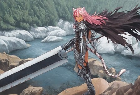 masterpiece, very aesthetic, anime screenshot, 1girl, Pink_PonyXL, DragonSlayerSword-Il.V1.0, white tiger striped armor, white tiger striped shoulder armor, gauntlets, greaves, bandaged arm, white tiger striped cape, torn cape, bright pink hair, cat ears, scar on nose, cat bell around neck, tanned, white tiger tail, small breasts, femine body, smiling, making a cute cat face, single fanged tooth showing, standing, looking at viewer, side view, wielding-dragonslayer, huge weapon, sword, holding sword, holding weapon, full body, zoomed in on pink_ponyxl, Dutch angle, cowboy shot 
Break
Hyilian lake, bright and sunny,