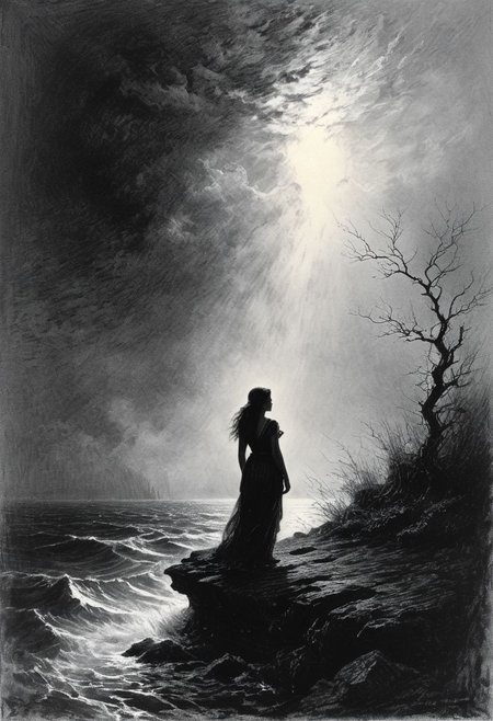 (masterpiece), (best quality), (ultra-detailed), Charcoal and chalk drawings. 
Exquisitely detailed, dark fantasy illustration depicts a surreal fantasy, soft background, sky, with soft clouds, rainbow and storm,  dimmed, aesthetics,  4k, painted, highly intricated details, volumetric lightings, from behind girl , Odilon Redon,  Pino Daeni,  Carne Griffiths, gustave dore, miciangels, caravaggio, color accent, 
 She invites the viewer to immerse herself in the contemplation of beauty and think about the eternal truths of existence, in the style of Bernie Wrightson, Anders Zorn, Alexi Brilo, Luis Royo
