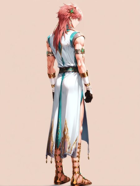 masterpiece, very aesthetic, best quality, amazing quality, solo, imtdkonghongjun, 1boy, male, standing, from behind, jewelry, pink hair, long hair, earrings, yellow eyes, hair ornament, sleeveless, long tunic, bangs, sandals, golden sandals, gloves, gem, simple background, fit body, toned, tunic
