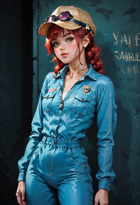 score_9, score_8_up, score_7_up,1girl, solo, anna, red hair, hat, jumpsuit