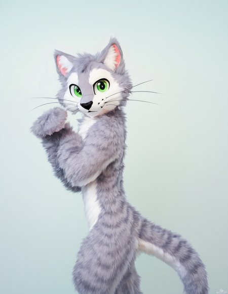 <lora:Fursona:0.3> furry grey cat, male, whiskers, light grey fur, green eyes, tail, black nose, gradient green background, adult,  white ear tuff, slim,   <lora:Fursuit_LoRA:0.8> mikus-sona, fursuit, furry focus, furry style, furry costume, anthropomorphic, anthro <lora:Photo 2 Style SDXL_LoRA_Pony Diffusion V6 XL:0.6> raw, photo, realistic,, score_9, score_8_up, score_7_up, score_6_up, score_5_up,