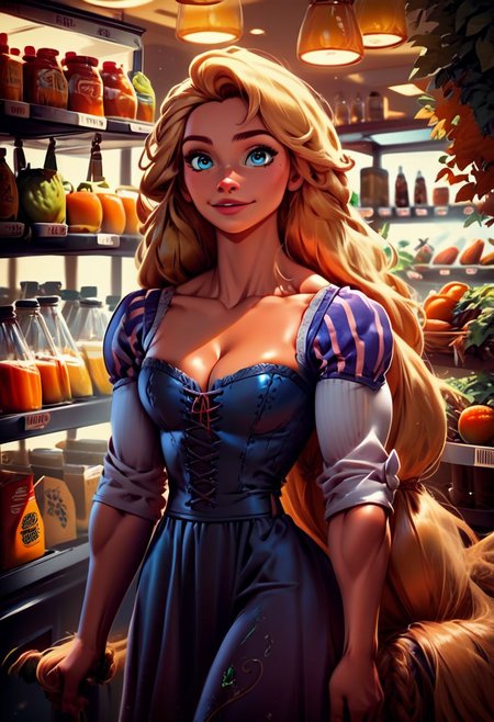 score_9, score_8_up, score_7_up, source_illustration; 1 girl, Rapunzel, muscular, jacked,  bodybuilder; long hair, blonde, blue eyes; bowsette dress; at the grocery store; grocery store fruits and vegetables in the background; detailed eyes,  intricate details,  colorful; rating_safe