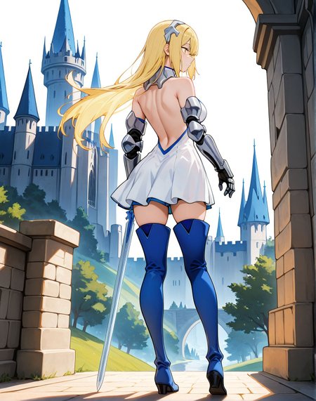 masterpiece,best quality,amazing quality,very aesthetic,absurdres,newest, huge filesize,
<lora:spo_sdxl_10ep_4k-data_lora_webui:0.5>,
<lora:add-detail-xl:1>
<lora:DANMACHI_V2:0.8>
danmachiV2,    aiz wallenstein, 
bare shoulders, 
1girl, front vi,ew, standing, 
blonde hair,
long hair,
thighhighs,
yellow eyes,
boots,thigh boots,
sword,
dress,zettai ryouiki
full body,white background,
gauntlets,
backless outfit,
d_ais,
outdoors, castle,