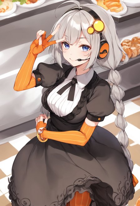 score_9, score_8_up, score_7_up, 
 <lora:KizunaAkari_MMD_Pony_V1:0.95>blue eyes, grey hair,  ahoge, twin braids, braid, very long hair, hair ornament, hair tubes, headphones, headset, 
black dress,  lace-trimmed dress, short sleeves, puffy sleeves, 
orange gloves, striped gloves, elbow gloves, fingerless gloves, bracelet, 
orange pantyhose, striped pantyhose, 
star print, star (symbol), vertical stripes, 
from above,, looking up,, Portrait,,
A cafeteria, delicious food, Holding food ,
smile,cowboy shot ,huge brests,
smug, smirk, blush,peace sign,