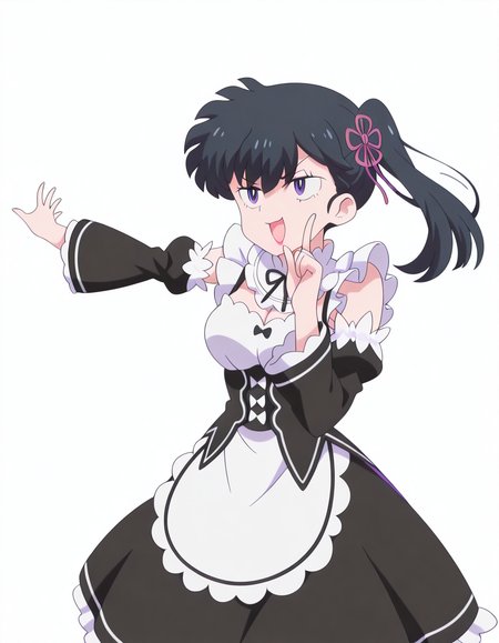 masterpiece, best quality, amazing quality,, <lora:kodachi-kunou-s1-illustriousxl-lora-nochekaiser:1>, kodachi kunou, kunou kodachi, long hair, black hair, ponytail, makeup, lipstick, side ponytail, purple eyes, mature female, breasts, anime screencap,, <lora:rezero-rem-cosplay-illustriousxl-lora-nochekaiser:1>, rezero rem cosplay, rem (re:zero) (cosplay), roswaal mansion maid uniform, cosplay, maid, enmaided, underbust, detached sleeves,, <lora:hoshino-ruby-dance-illustriousxl-lora-nochekaiser:1>, hoshino ruby dance, finger wagging, index finger raised, dancing, outstretched arm, cowboy shot, smile, open mouth,, pout, , <lora:transparent-background-illustriousxl-lora-nochekaiser:1>, transparent background, simple background, white background, ,
