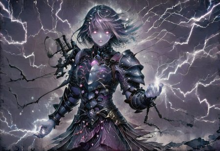 (Masterpiece:1.3), (best quality:1.2), (detailed background:1.1), (intricate details:1.1), (detailed background:1.2), 1girl, solo focus, standing, perfect anatomy, 
bleakfaith,
source_anime, night sky, dark cloud background, sky background, lightning on background, only purple lightning, purple lightning, dark purple theme,
BREAK
watercolor, chinese,traditional,
BREAK
(purple hair:1.2),(pale skin:1.3), (purple skin:1.5),1girl,solo, mysterious, vivid color, shiny, (short purple hair), bob cut hair, purple eyes,glowing purple pupils,
laugh arrogantly,
BREAK
armor(dark suit,armor, animal chest plate), lightning, dark purple lightning on armor, chinese style, 
spraks in hand,
BREAK
looking at the viewer, front view, full view,
best quality, ultra-detailed, absurdres, detail face, best quality, hires textures, high detail, (4k),incredibly detailed
NegativeDynamics,