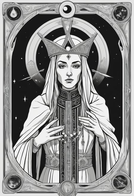 tarot card, the high priestess, front perspective, flat, frame, square, white (outline:1.1) (black and white:1.5)